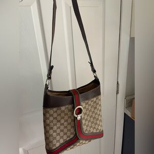 Gucci Beige GG Canvas Shoulder Bag with Brown Leather Sherry Line